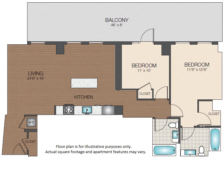 Floor plan for 2 beds, 2 baths, 1111 sqft